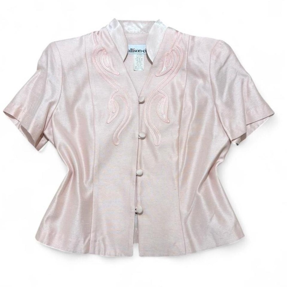 Pink vintage 80s jacket embroidered details button-up front and shoulder pads